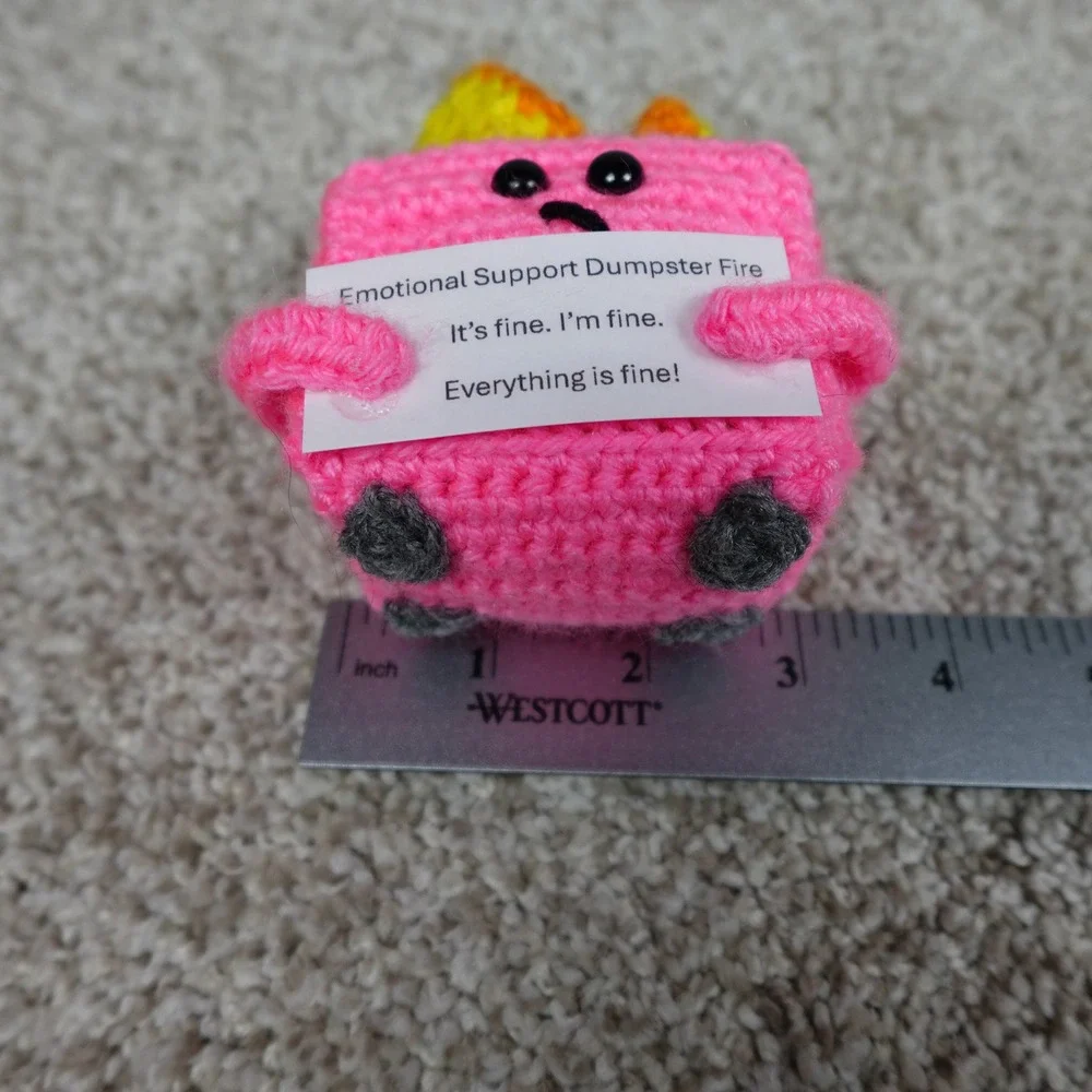 Handmade Pink Crochet Emotional Support Dumpster Fire Amigurumi Plush Desk Decor